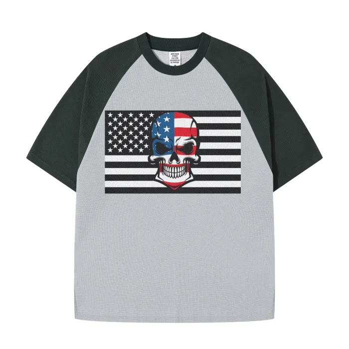 Skull Flag Heavyweight Color Block Loose-Fit Waffle Stitch Fabric T-Shirt