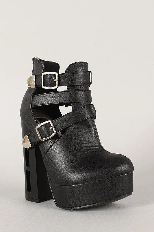 Strappy Buckle Cutout Heeled Platform Booties