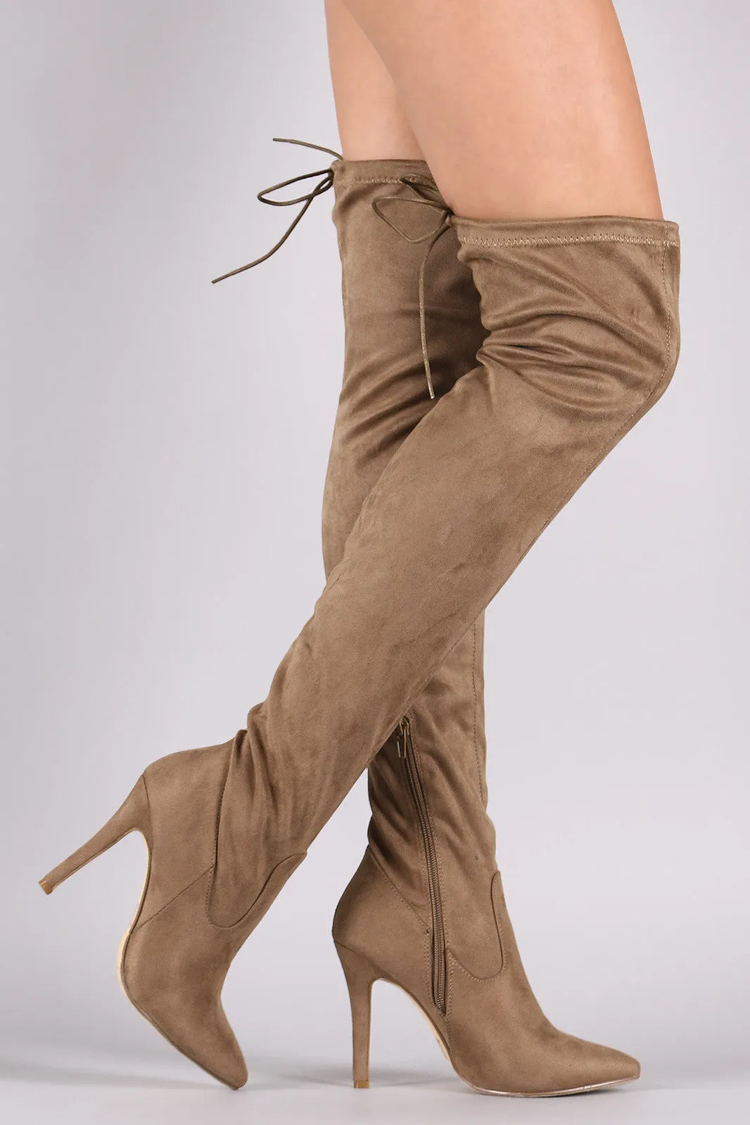 Suede Drawstring Tie Stiletto Pointy Toe Boots