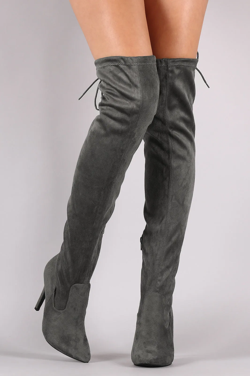 Suede Drawstring Tie Stiletto Pointy Toe Boots