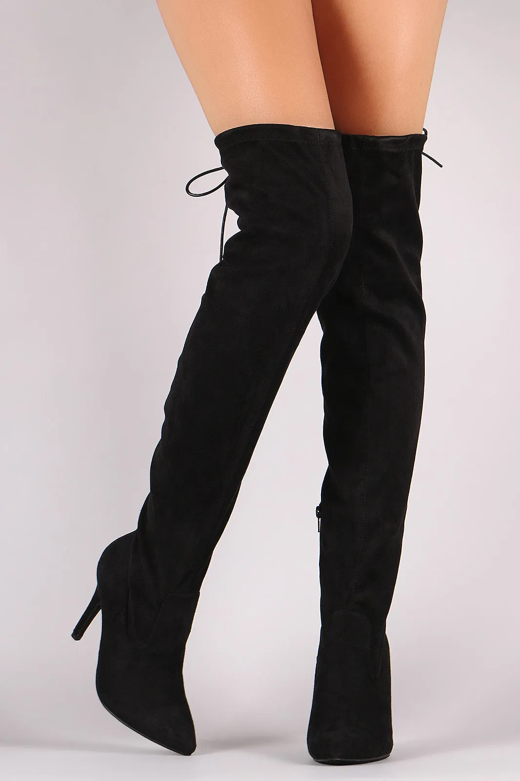 Suede Drawstring Tie Stiletto Pointy Toe Boots