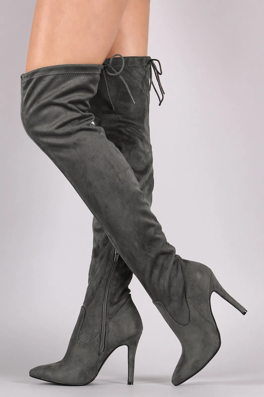 Suede Drawstring Tie Stiletto Pointy Toe Boots