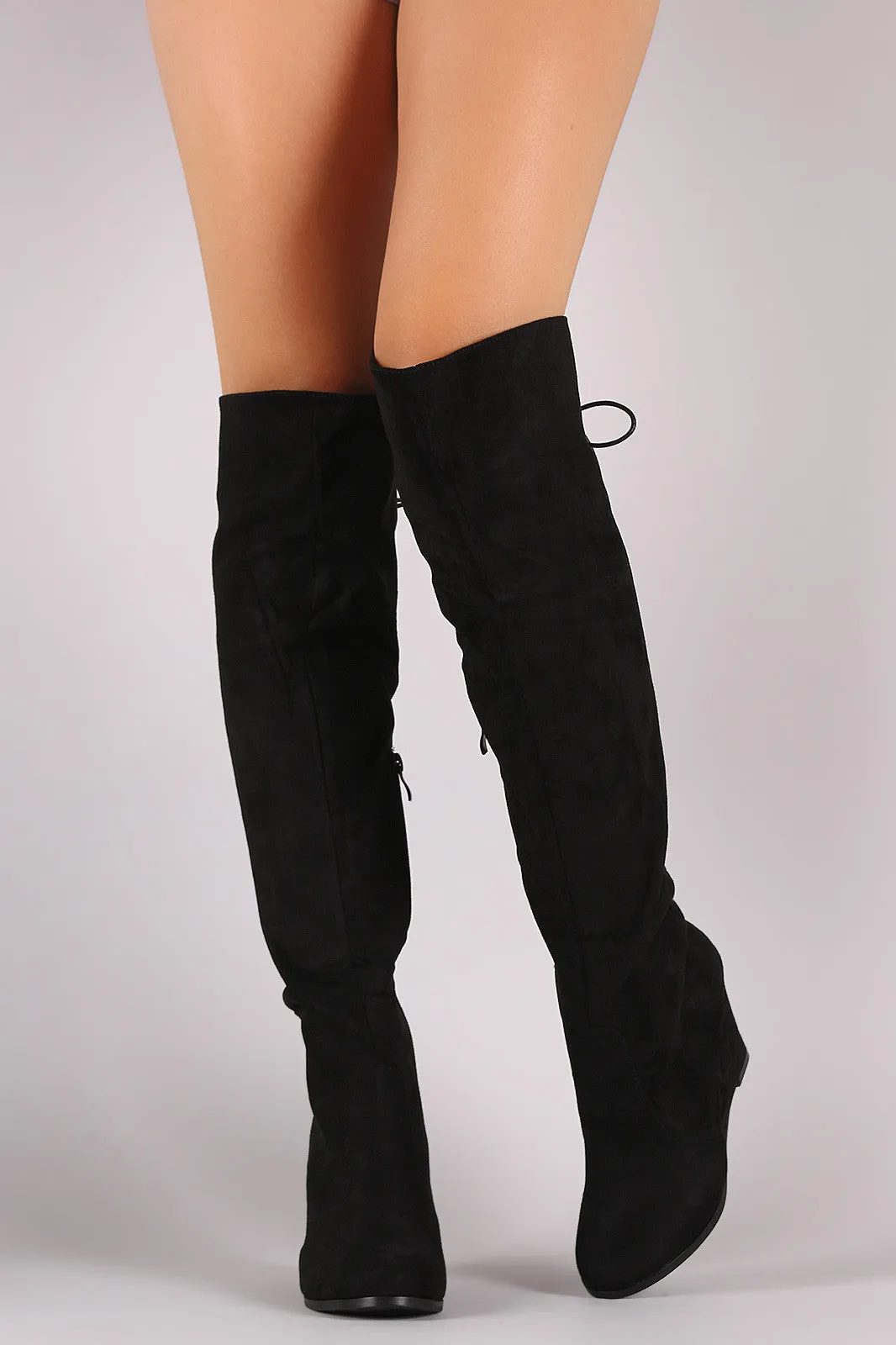 Suede Over-The-Knee Back Corset Wedge Boots