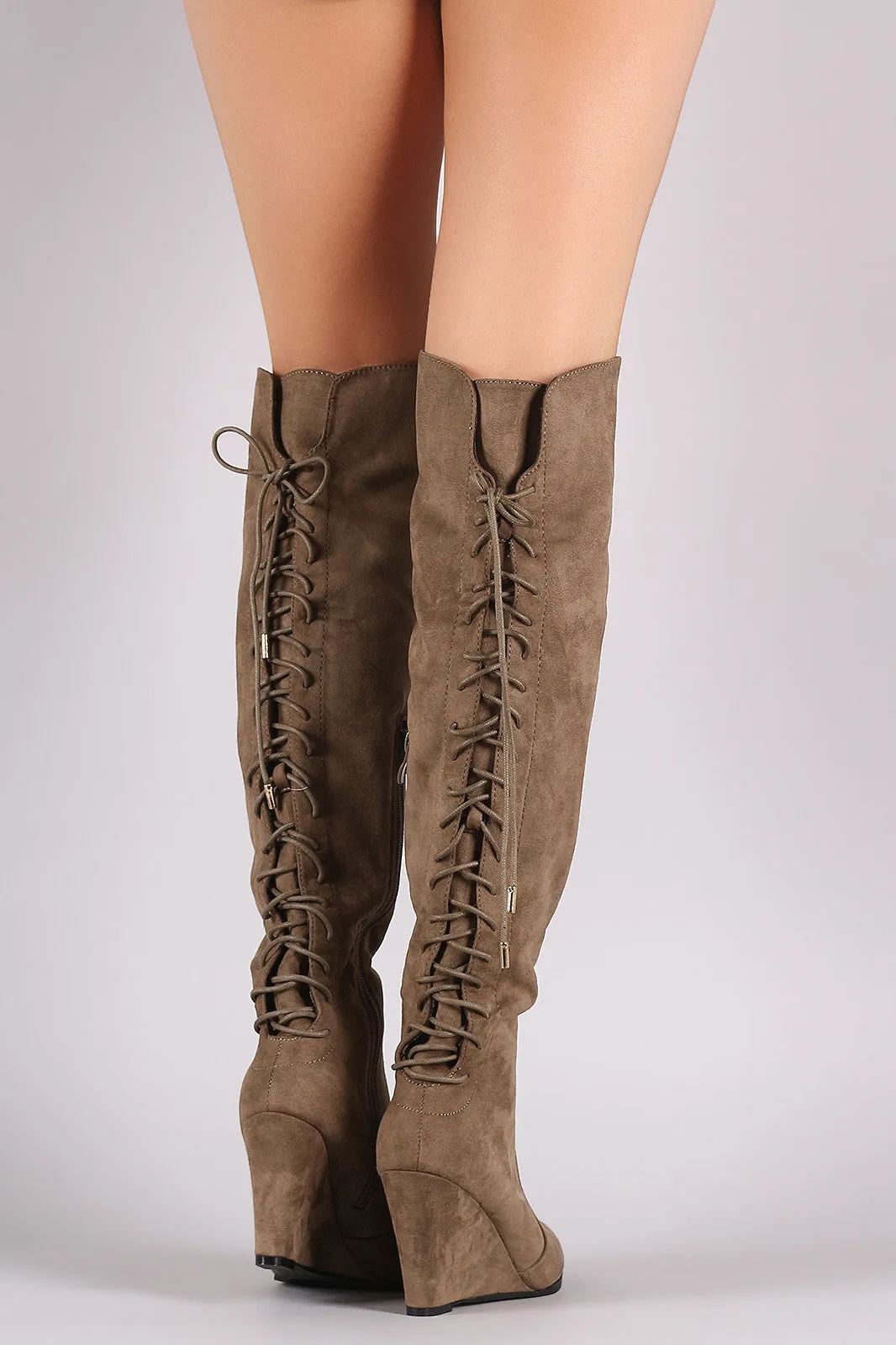 Suede Over-The-Knee Back Corset Wedge Boots