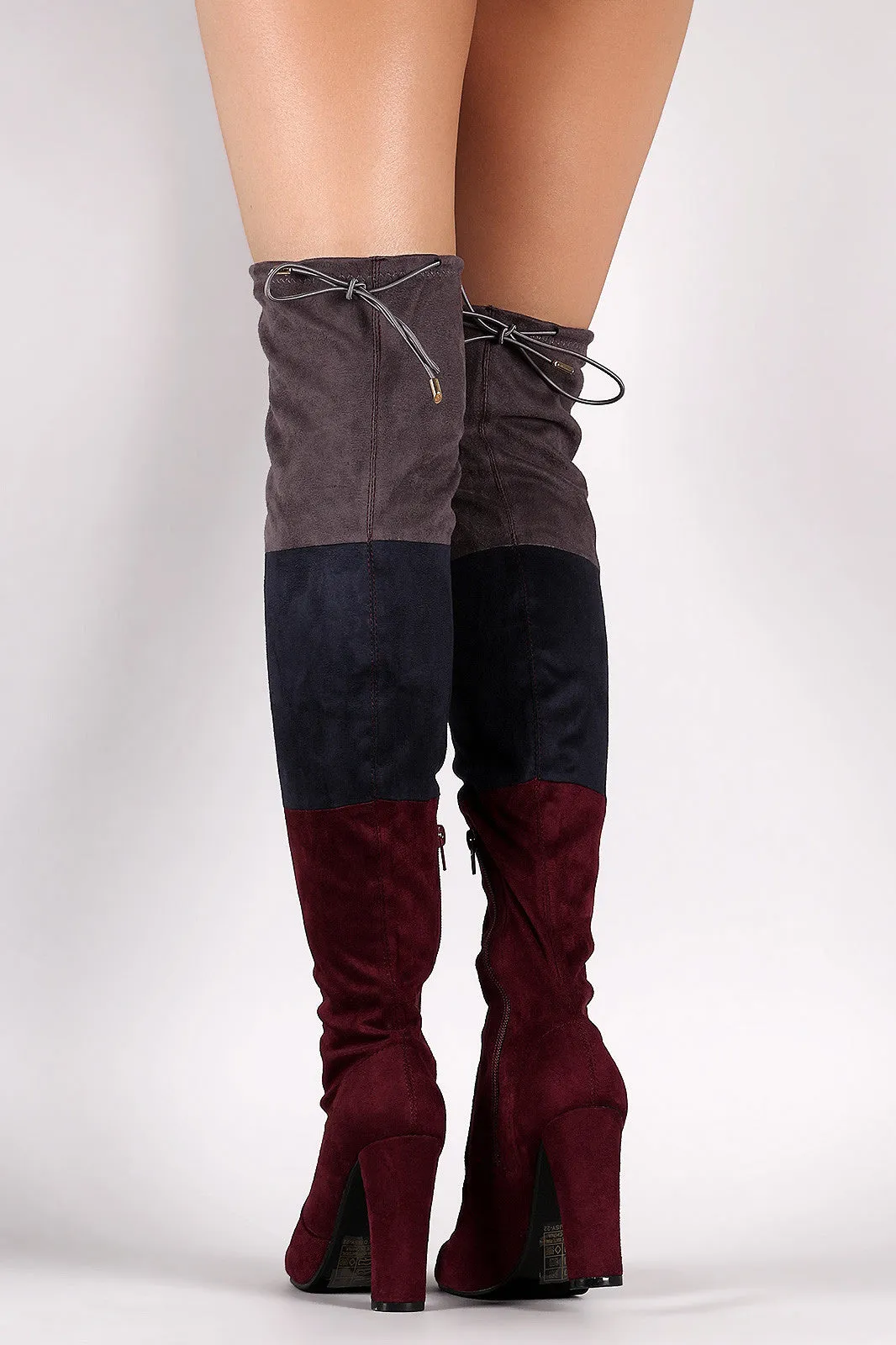 Suede Tri-color Over-The-Knee Chunky Heel Boots