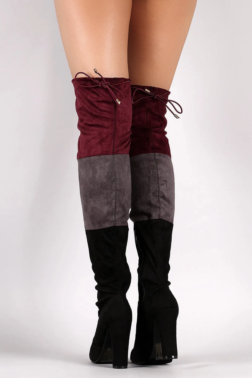 Suede Tri-color Over-The-Knee Chunky Heel Boots