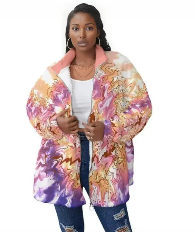 Tie-Dye Women's Block Borg Stand-up Collar Coat With Zipper Voluptuous ( ) Plus Size