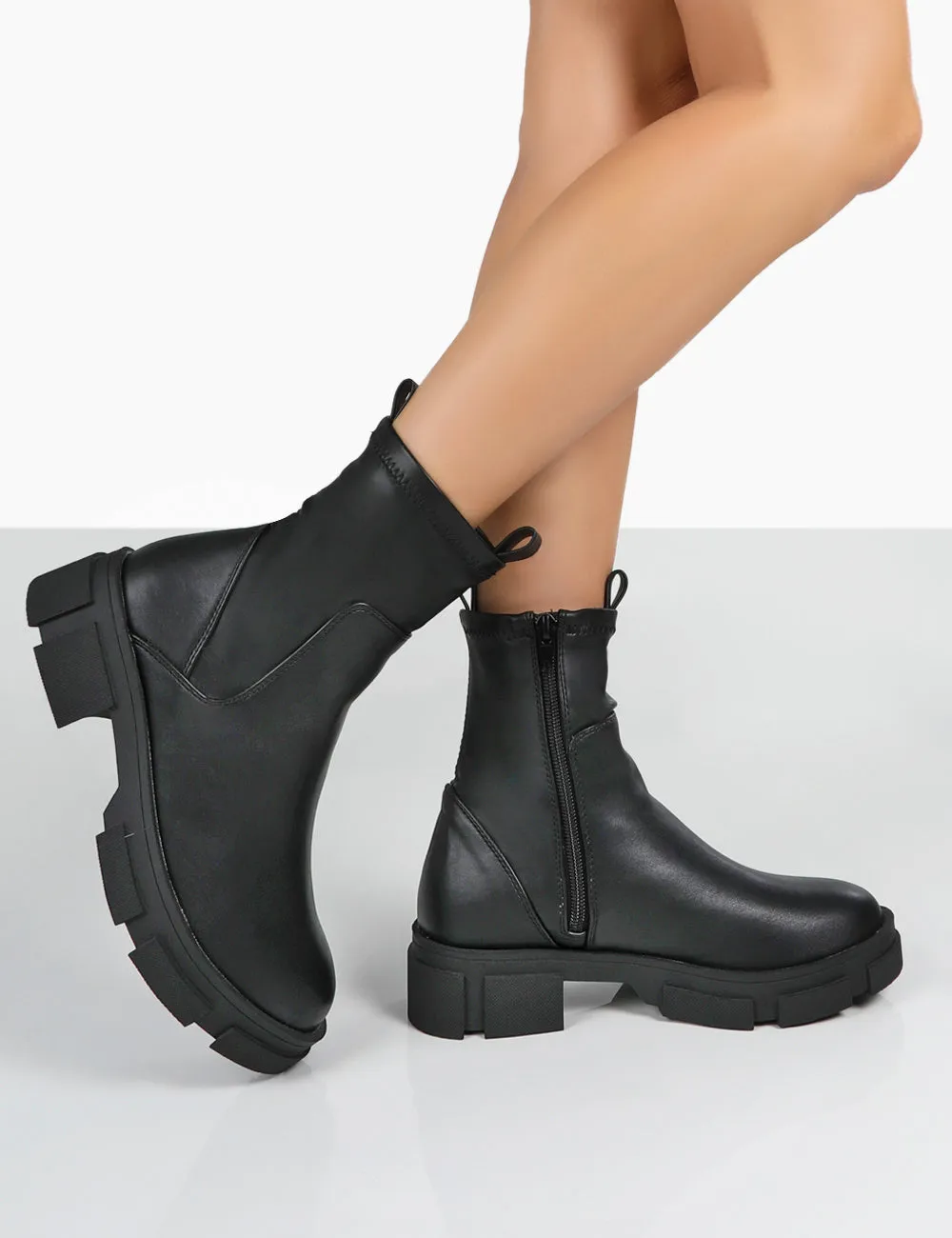 Treat Black Pu Chunky Ankle Boots