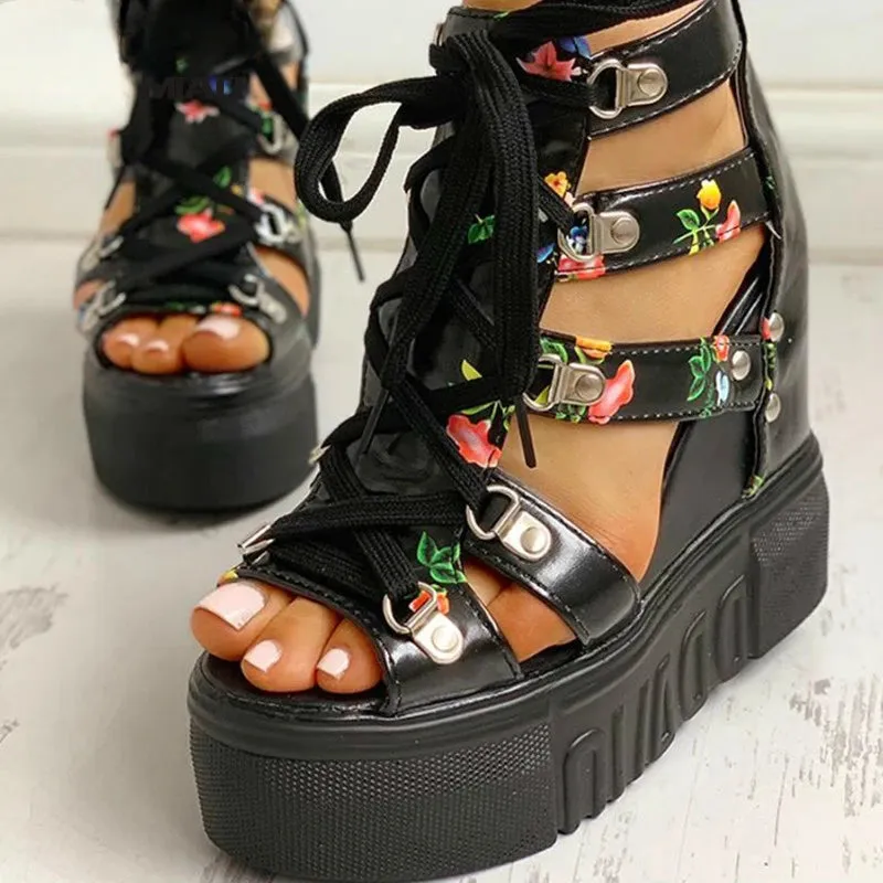 Trendy Floral Platform High Heel Sandals