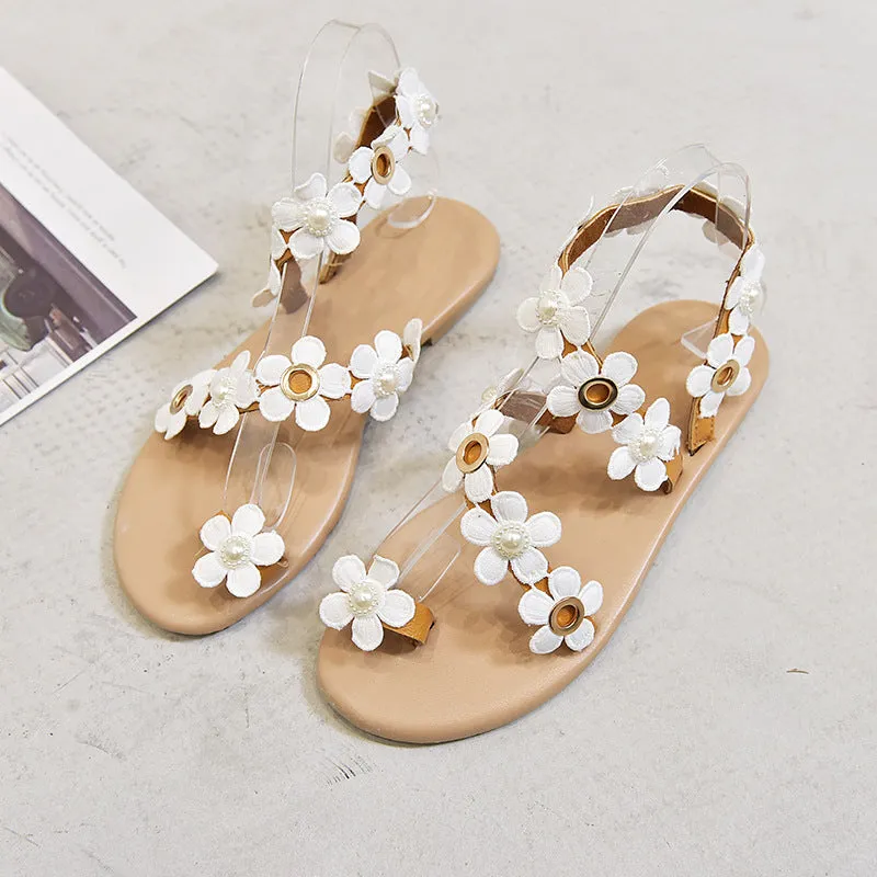 Trendy Floral White Flat Heel Sandals