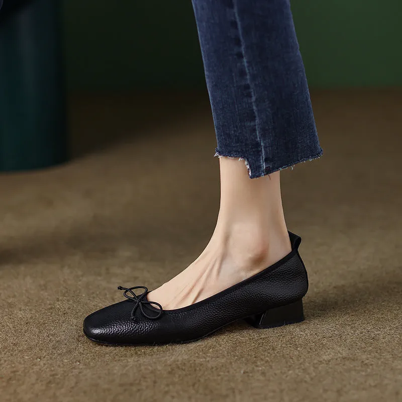 Wenkouban shoes Single-Layer Shoes Korean-Style Simple Leather Low Heel Shoes Square Toe Low-Cut Chunky Heel Bow Women's Shoes